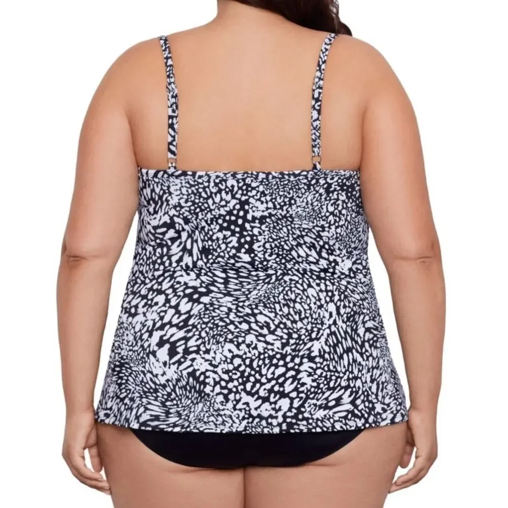 Swim Solutions Plus Size Printed Flyaway Fauxkini One Piece Leopard Swirl - Picture 2 of 6